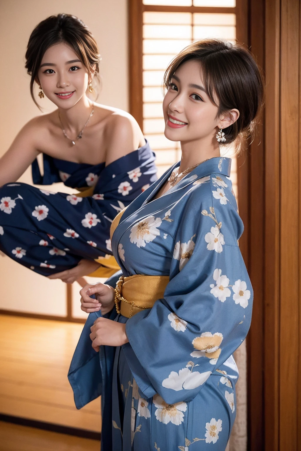 high quality,8K, Detailed facial depiction, Detailed description of the eyes,One Woman, Light brown hair(Medium-long hair),Beautiful Japanese Girl,24-years-old,Cute eyes,Cute Smile,Yukata beauty,The yellow floral yukata is open and very sexy.,The front of the yukata is open, revealing a sexy bra,Lace underwear,String panties,Slender body, Large, plump breast size, Long and beautiful legs,Smiling, Colorful earrings,necklace,Are standing,Beautiful nape,Japan tatami room,Feminine gestures,Dry landscape garden,wind chimes,A bedroom with futons