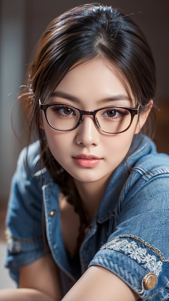 a cute chinese girl in glasses, tight jeans, detailed face, beautiful eyes, beautiful lips, extremely detailed, photorealistic, 8k, beautiful natural lighting, realistic skin texture, intricate details, high quality, masterpiece, portrait, beautiful woman, realistic, natural beauty, studio lighting, fashion, stylish