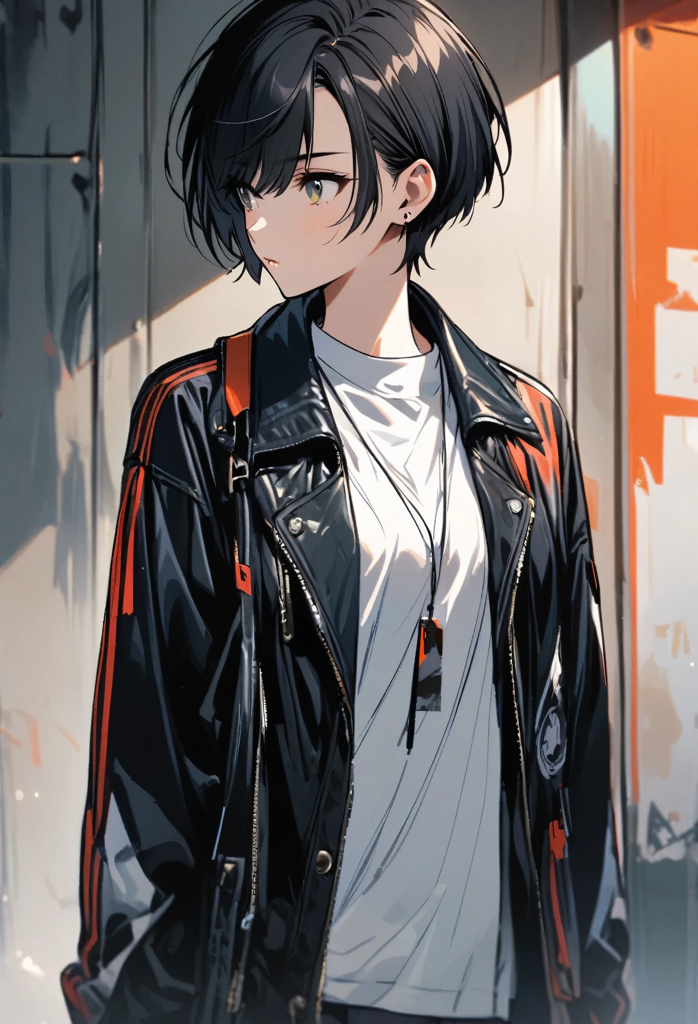 black hair, white shirt, jacket, 1girl, short hair, boyish, stylish, bright