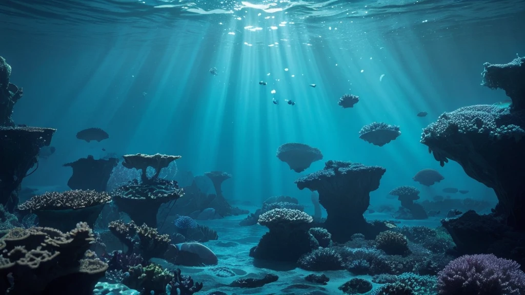 Draw a mysterious landscape that unfolds beneath the deep blue sea.。In the dark and silent depths of the sea、Unknown creatures and sunken ships、Glowing jellyfish、There are strange seaweeds floating around.。The light in the water is a faint blue light.、It emphasizes the silence and mystery of the deep sea.。The ocean floor is dotted with ancient ruins and sparkling gem-like rocks.、This shows that the unknown world is expanding.。