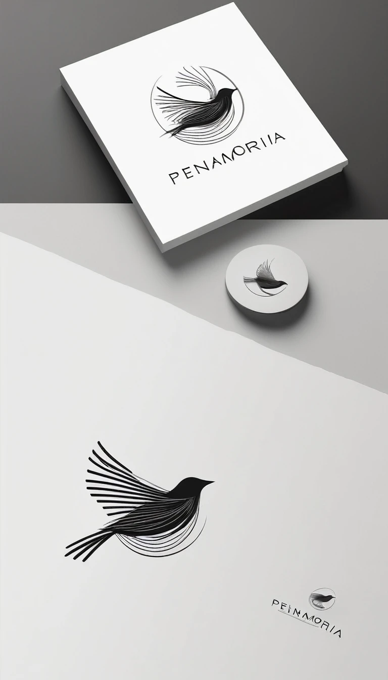 A minimal, modern, simple, cinematic logo design for the brand “Penamemoria". Create a modern, minimalistic, high-quality, logo of a bird with special and thin threads as tail