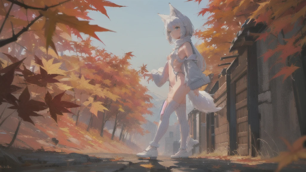 (One girl:1). masterpiece, magnificent, best quality, full body,slim. (Detailed, Focused:1.2) (White hair, bushy hair, fluffy hair), blue eyes, (big wolf ears, fluffy wolf tail, big tail:1). maple leafs. ( White sweater, virgin destroyer sweater, white stockings, underboob, pantyless:1.2).(Small hips, Thin things, beautiful legs, flat chest:1.2). (shy, sad:1.3). (Face close up, pubic hair:1.2). ( in maple forest, walking:1.3). (Cinematic composition, view from side:1.2). (Maple leaves, autumnal:1.2).