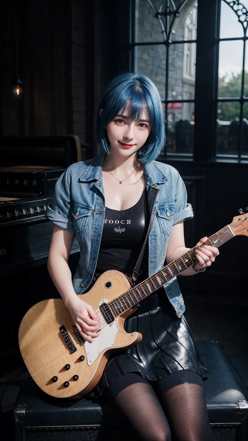 ((best quality)), photorealistic, photorealism, Photorealistic, high resolution, Denim jacket、rock t shirt、Latex knee-length skirt、Long skirt、JK Style、Jacket、smile、Knee-high socks、Thigh-high socks、pantyhose、A superb beauty、Super cute、ennui、Rare beauty、Very Short hair、Aestethic tatoo, Black Dark Eyeshadow、Sad、white skin、pale skin, Very short hair layered、Dark Gothic Makeup、Cute Smile、Fragrant beauty、Stained glass background、Mastepiece、Best Quality、Refers to 5 books、Sweat glistening on my chest、Sweat glistening on my face、Small breasts、Blue hair、Age 20 years old、Mysterious look、A sad expression、Blue Hair、mysterious gothic church、enchanting castle、Sweating profusely all over the body、A lot of sweat and light on the thighs、Shiny thighs、Plenty of sweat glistening on the thighs、A large amount of sweat glistens on my thighs、Sweating profusely、Gal、Medium breasts、beautiful face、Alluring expression、Thin thighs、Sitting, Playing electric guitar、I have an electric guitar、Sing a song enthusiastically、Playing guitar in a band、Playing guitar chords、Live House Background、Sing a song、Open your mouth、Live house scenery、Mike stand、Glamorous live stage、Dynamic Angle、cinematic lighting, full body figure, full body photoshot, revealed foot and shoes