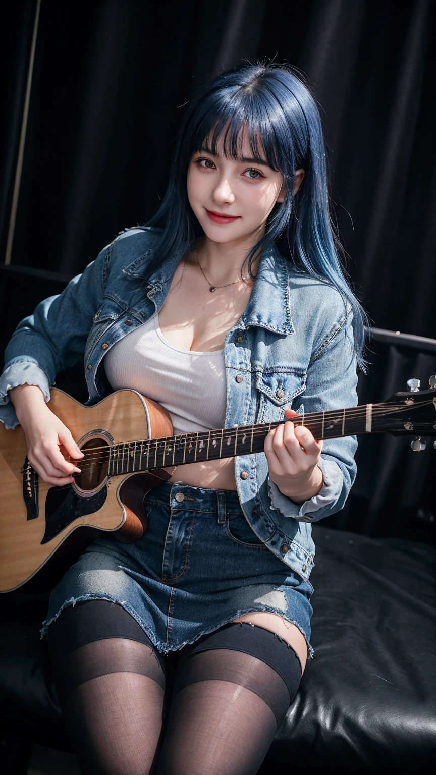 ((best quality)), photorealistic, photorealism, Photorealistic, high resolution, Denim jacket、rock t shirt、Latex knee-length skirt、Long skirt、JK Style、Jacket、smile、Knee-high socks、Thigh-high socks、pantyhose、A superb beauty、Super cute、ennui、Rare beauty、Very Short hair、Aestethic tatoo, Black Dark Eyeshadow、Sad、white skin、pale skin, Very short hair layered、Dark Gothic Makeup、Cute Smile、Fragrant beauty、Stained glass background、Mastepiece、Best Quality、Refers to 5 books、Sweat glistening on my chest、Sweat glistening on my face、Small breasts、Blue hair、Age 20 years old、Mysterious look、A sad expression、Blue Hair、mysterious gothic church、enchanting castle、Sweating profusely all over the body、A lot of sweat and light on the thighs、Shiny thighs、Plenty of sweat glistening on the thighs、A large amount of sweat glistens on my thighs、Sweating profusely、Gal、Medium breasts、beautiful face、Alluring expression、Thin thighs、Sitting, Playing electric guitar、I have an electric guitar、Sing a song enthusiastically、Playing guitar in a band、Playing guitar chords、Live House Background、Sing a song、Open your mouth、Live house scenery、Mike stand、Glamorous live stage、Dynamic Angle、cinematic lighting, full body figure, full body photoshot, revealed foot and shoes