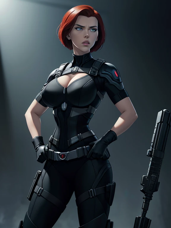 Scarlett Johansson as Black Widow, ((Masterpiece)); ((Natural Beauty)); ((Ultrarealistic green eyes)); both eyes are similar; ((Ultrarealistic fair white skin)); ((Ultrarealistic round boobs)); Deep Cleavage; ((Ultrarealistic red short classic bob haircut hairstyle)); ((Ultrarealistic round Asscheeks)); ((Ultrarealistic widow bite black gloves)); ((Ultrarealistic black widow utility belt)); black and red tactical vest; Bright Red stripe accents on the side of the suit; Short sleeve; looking at the viewer;  
She stands with her feet shoulder-width apart, one hand on her hip and the other resting on a weapon holstered at her side. Her short hair is slicked back, and she has an intense, intimidating stare that shows she means business.