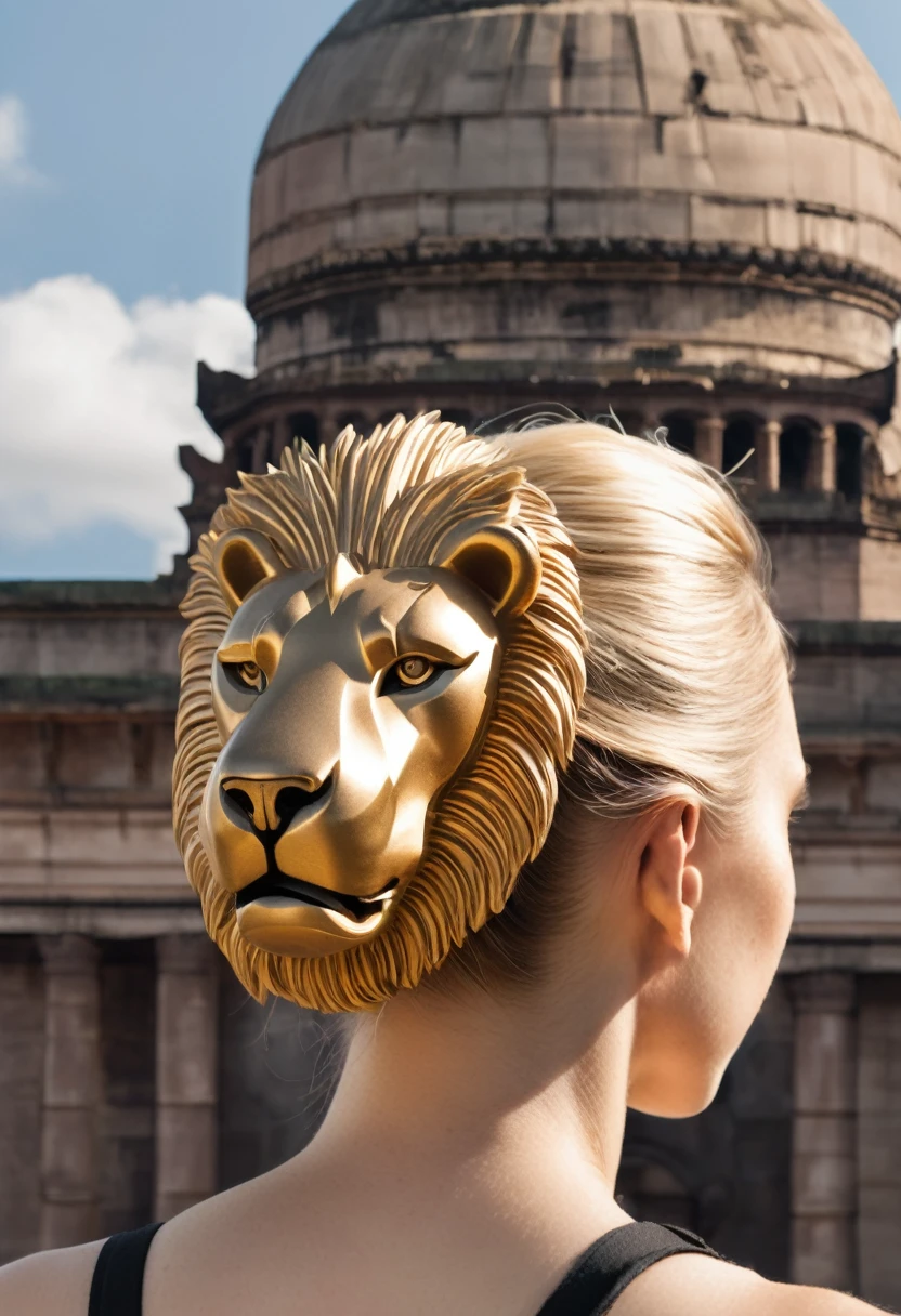 A person wearing a hearing aid, shaped like a historical symbol of strength (e.g., a lion), standing in front of a historical landmark. This image primes feelings of pride, empowerment, and nostalgia related to group identity.