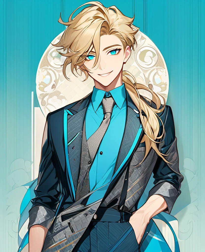  (Blonde_hair), (Cyan_vibrant_eyes), (detailed_eyes), (warm_smile), (attractive), (background_lounge), (male), (detailed_Hair), (detailed), wears a 19's type of fashion clothes