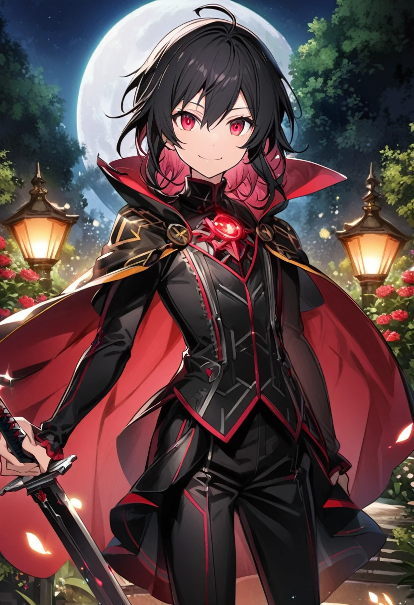 Aether \(AKB0048 Next Stage\), (black hair), (ruby red eyes):1.2, black costume, soft expression, smiling gently, cape, sword ((ultra-detailed)), ((illustration)), (neat hair)), (beautiful detailed eyes), male, 1boy, standing, ((garden, night, moon)), looking at viewer