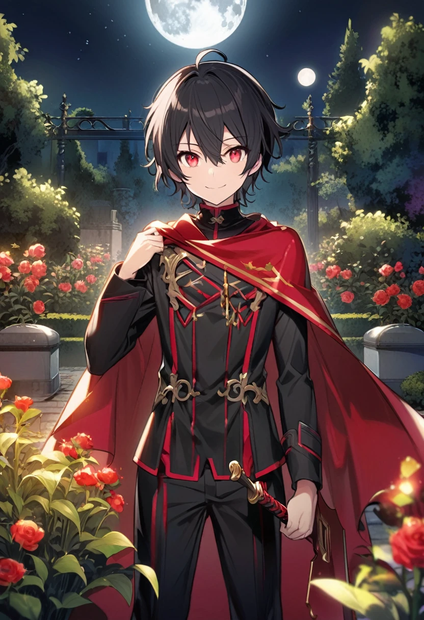 Aether \(AKB0048 Next Stage\), (black hair), (ruby red eyes):1.2, black costume, soft expression, smiling gently, cape, sword ((ultra-detailed)), ((illustration)), (neat hair)), (beautiful detailed eyes), male, 1boy, standing, ((garden, night, moon)), looking at viewer