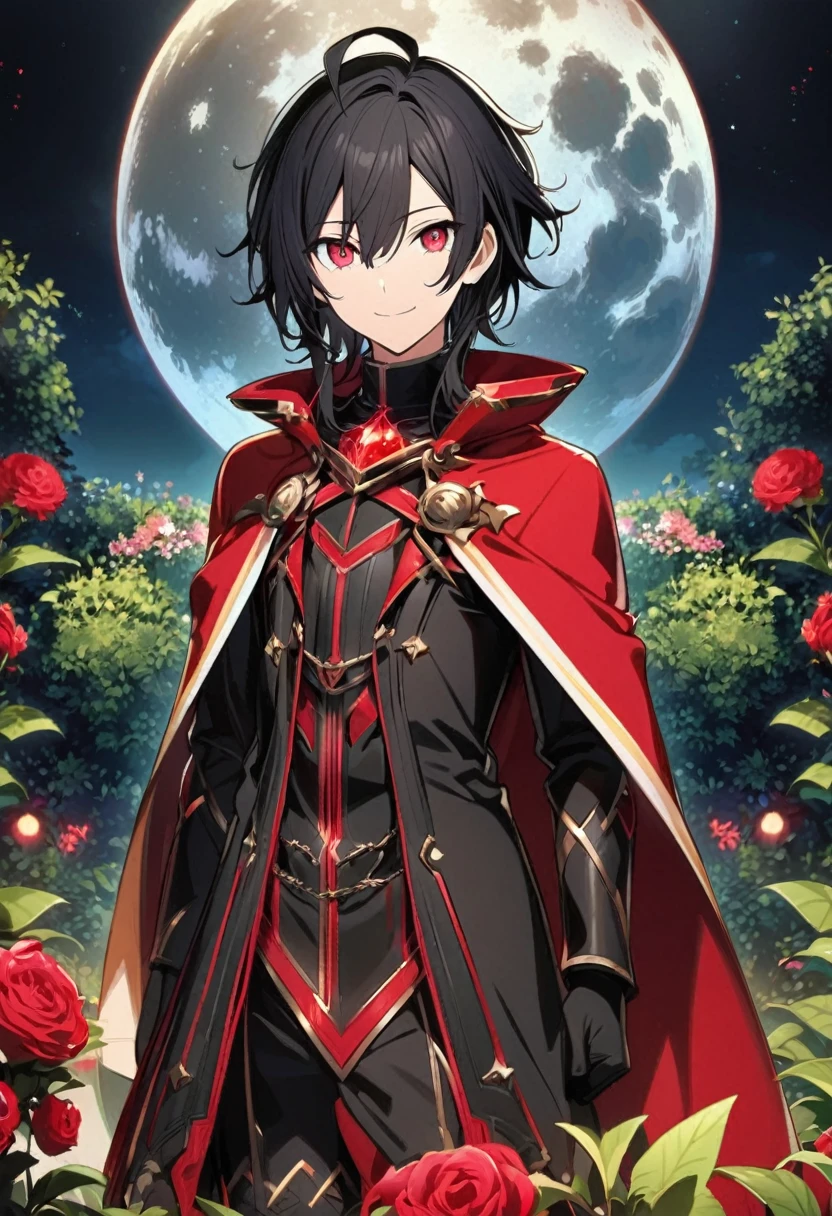 Aether \(AKB0048 Next Stage\), (black hair), (ruby red eyes):1.2, black costume, soft expression, smiling gently, cape, sword ((ultra-detailed)), ((illustration)), (neat hair)), (beautiful detailed eyes), male, 1boy, standing, ((garden, night, moon)), looking at viewer