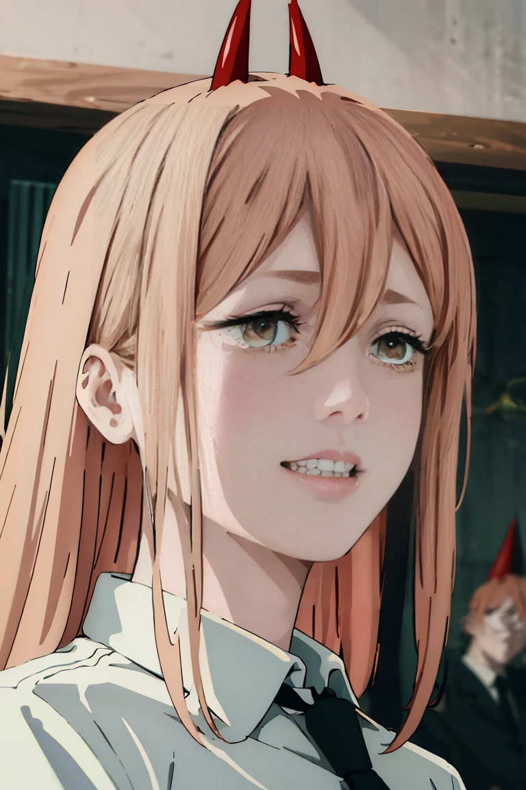 (Best quality), (masterpiece), (only), 1 girl, Maybe_XM, peach hair, yellow eyes, cross-shaped pupils, pupils in the form of symbols, red horns, white button up shirt, black tie, sharp teeth, smile, long hair, whole body
