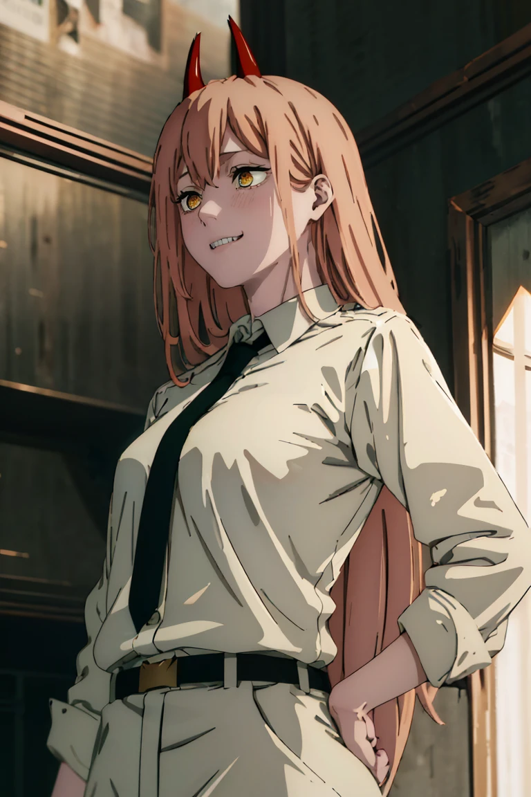 (masterpiece, best quality), intricate details, makima chainsawman, 1girl, long hair, red hair, sode bangs,yellow eyes, white pupils, medium breasts,ringed eyes,collarbone, blue varsity jacket, sexy underwear, navel, midriff, dynamic pose,white underwear, wet skin, blushing, sweaty skin, looking at viewer, point of view, loose braid,