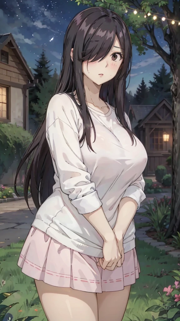 Cute mommy, mature women, realistic skin,perfect ,black hair, long hair, (hair over one eye:1.4), messy hair, hair between eyes, oversize shirt,pink mini skirt, chubby,plump,fat,pucker lips,cute shy blush on,garden, under tree,night