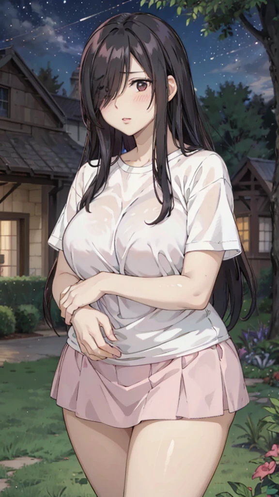 Cute mommy, mature women, realistic skin,perfect ,black hair, long hair, (hair over one eye:1.4), messy hair, hair between eyes, oversize shirt,pink mini skirt, chubby,plump,fat,pucker lips,cute shy blush on,garden, under tree,night