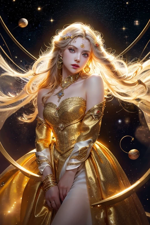 (masterpiece、Highest quality、High resolution、8K、16K)、((Alone in space、Beautiful Goddess、Standing posture、フローティング in the sky like a star))、(whole body)、Golden Cape、White long dress、No sleeve、Gold Bracelet、Blonde Hair、Beautiful brown eyes、Elegant and detailed face、Graceful operation、Right hand on chest、Professional Lighting、The universe is full of light、Countless stars and nebulae、