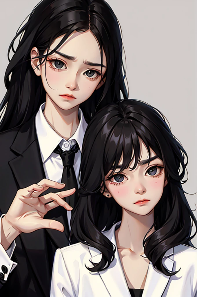 Woman in suit、Sad face、Are depressed、Drooping eyebrows、Long black hair
