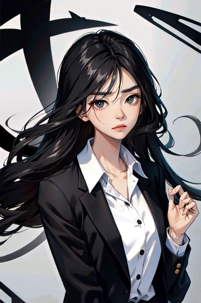 Woman in suit、Sad face、Are depressed、Drooping eyebrows、Long black hair