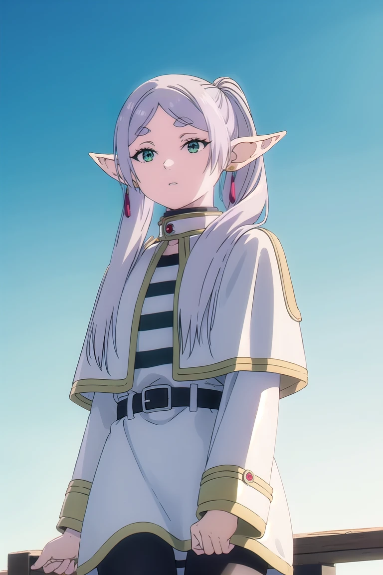 to freeze, to freeze, long hair, ponytail, (green eyes:1.5), White hair, pointed ears, elf,
BREAK shirt, long sleeves, jewelry, Tights, earrings, striped, black Tights, lure, striped shirt,
BREAK looking at viewer, upper body, whole body,
BREAK outdoors, sky, nature,
BREAK (masterpiece:1.2), Best quality, A high resolution, unity 8k wallpaper, (illustration:0.8), (beautiful detailed eyes:1.6), very detailed face, perfect lighting, extremely detailed computer graphics, (perfect hands, Ideal Anatomy),