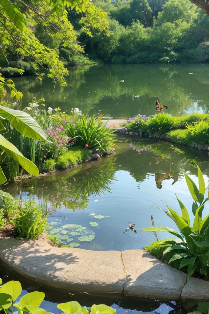 Depict a calm and peaceful lake, Surrounded by lush and colorful plants. On one of the riverbanks, A little frog is sitting, Happy and satisfied. Around the lake, birdsong, etc.、There are other friendly animals too, Butterflies flutter、Dragonflies buzzing around. Taking children into a world of imagination and adventure、Create a magical and enchanting scene!