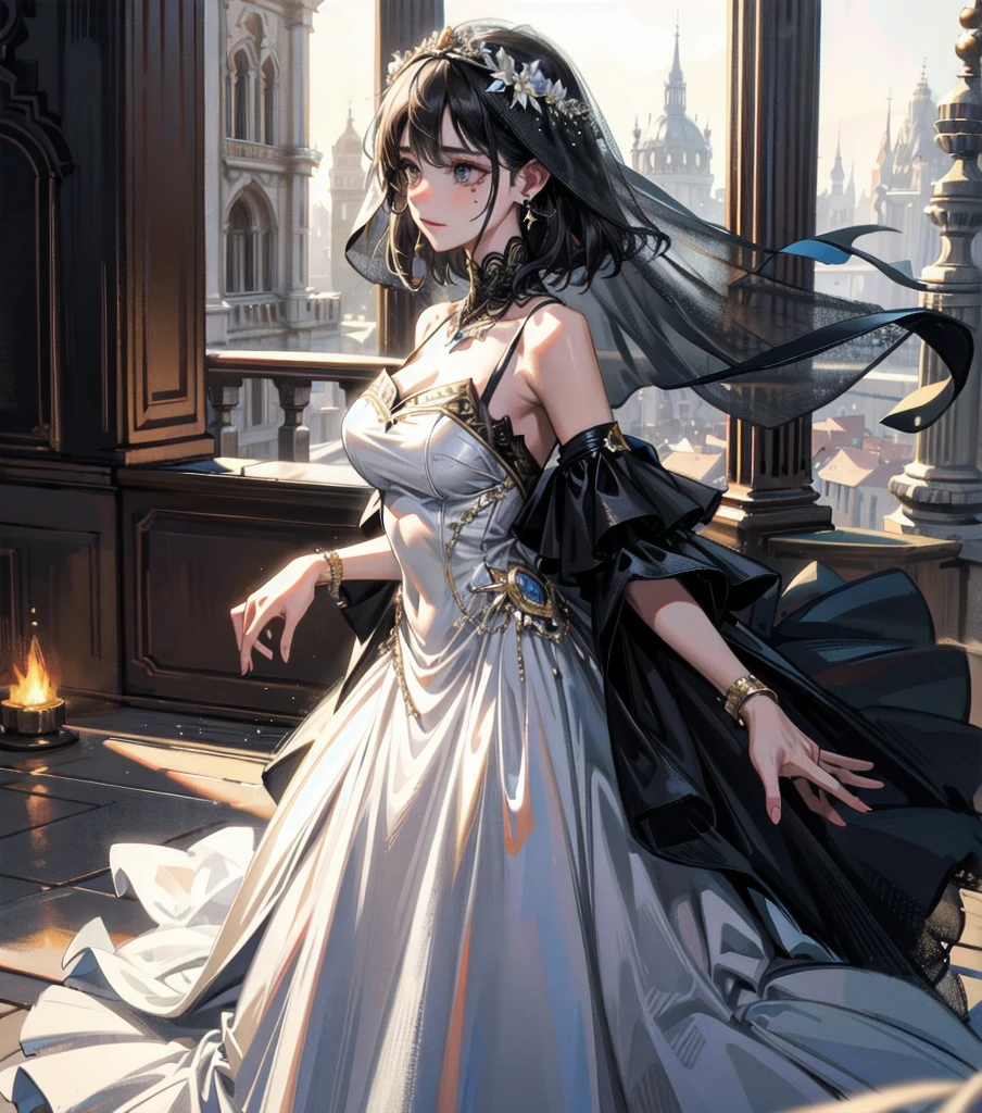 full body, photorealistic, delicate facial features, medium tits, medium hair, black hair, tearful mole, earring, dress, face veil,