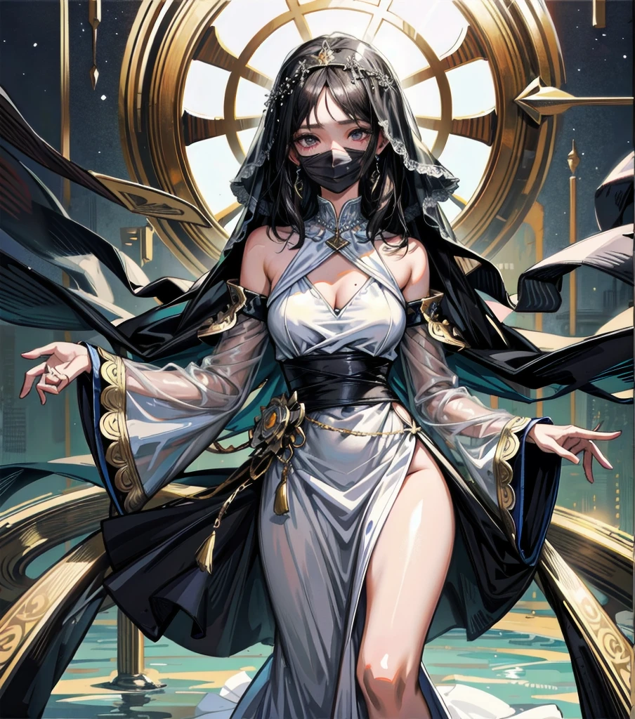 full body, photorealistic, delicate facial features, medium tits, medium hair, black hair, tearful mole, earring, dress, face veil,