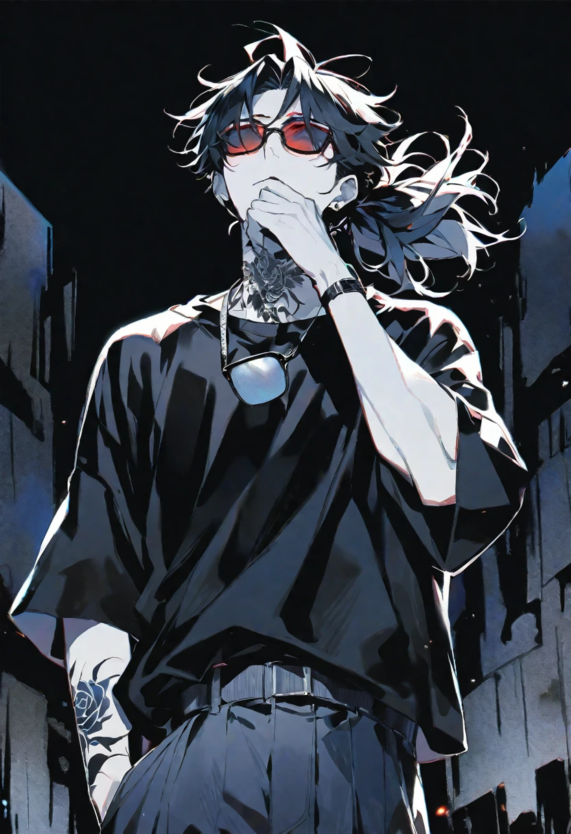 Solo,handsome, monochrome,watercolor,1 male, Ponytail, Braided black hair, red eyes, Gojo Satoru,casual,Blue Rose Tattoo,black Oversized 服,casual,Stylish,cool,Wear sunglasses around your neck,Void,look up,
blackbackground,İcon,Despise face up