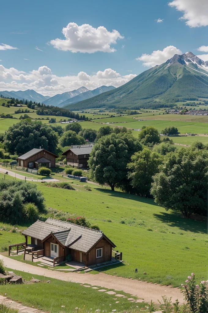 An ilustrasion of a mountain view and a green field and there is a small houses
