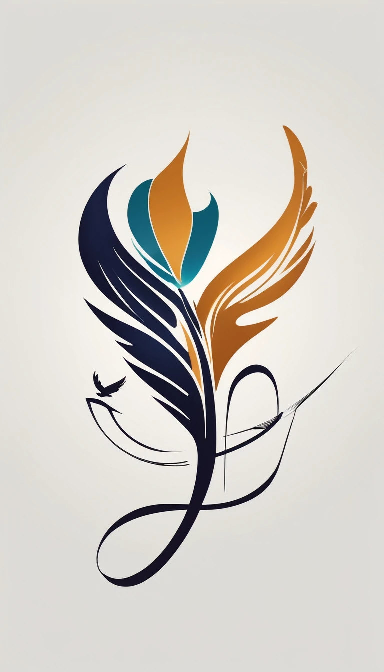 Create a cinematic, abstract symbol for a film production company based on stories and music. The logo should represent the companionship between a boy musician, A Storyteller Fantasy Bird and a Dreamy Feather. Minimalist symbol design