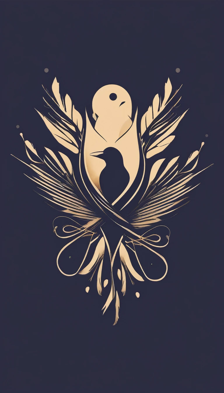 Create a cinematic, abstract symbol for a film production company based on stories and music. The logo should represent the companionship between a boy musician, A Storyteller Fantasy Bird and a Dreamy Feather. Minimalist symbol design
