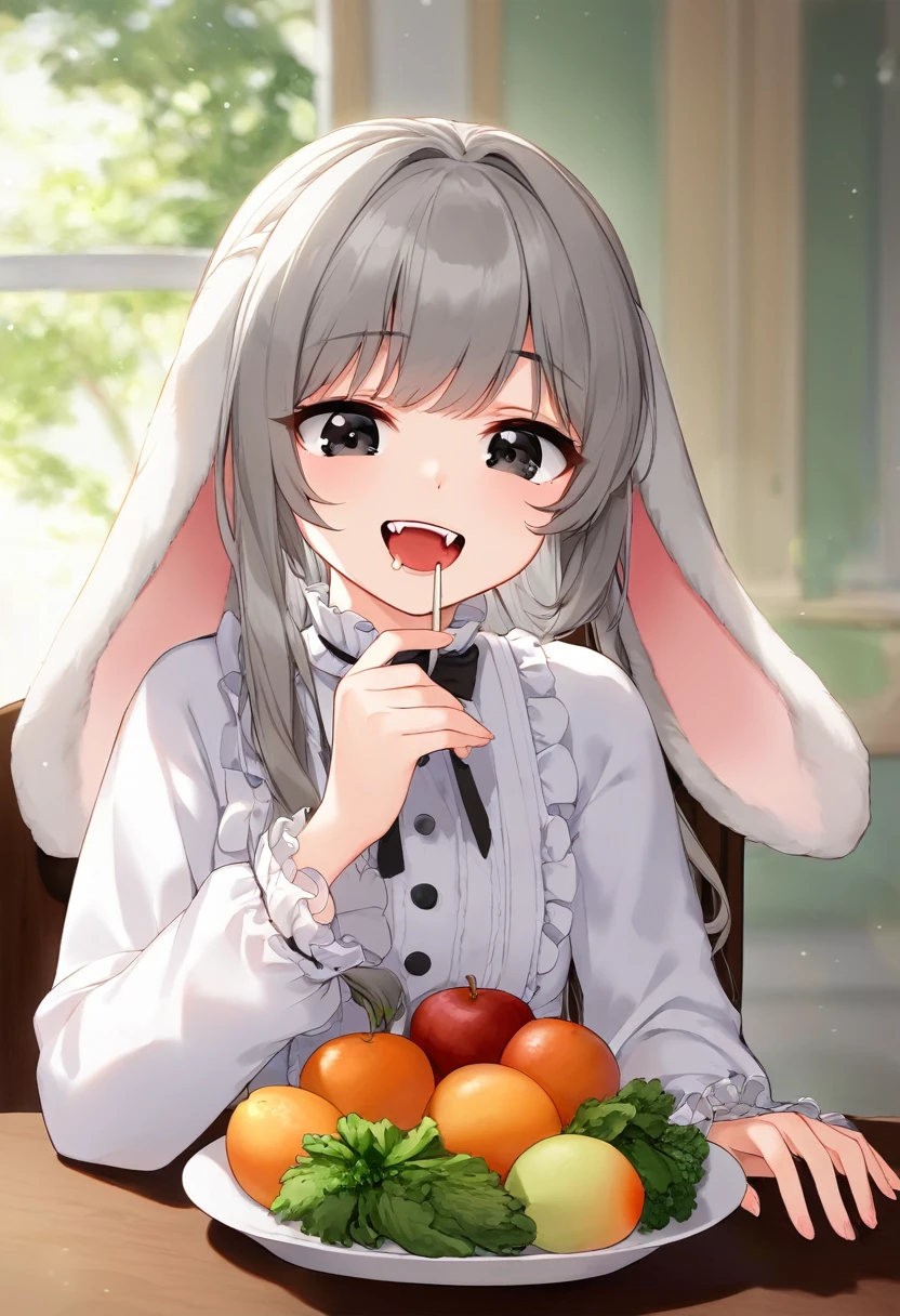 (8k, masterpiece, best quality, ultra-detailed, an extremely delicate and beautiful, official style, depth of field, highly detailed, very aesthetic, intricate, overall detail, perfect anatomy), looking at foods, looking down, upper body, sit, eating, table, chair, fruit on table, fruit bowl, vegetables, BREAK 1girl, solo, gray hair, long hair, black eyes, (spakling eyes, + +:1.2), rabbit girl, droopy ears, lop-ears, (white dress, frill, long sleeves:1.2), faint lips, happy, open mouth, skin fangs, drooling