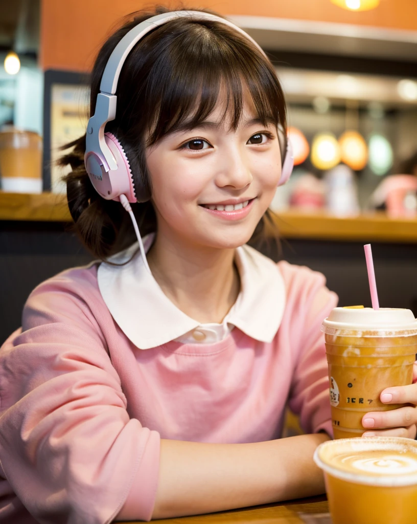Looking straight ahead and smiling, Ultra HD、128k、Masterpiece、Cute little kindergarten girl studying in a coffee shop while listening to music on headphones、orange juice, clavicle, RAW Photo、Big-eyed girl in pink with white collar、Hands on headphones, Warm lighting、Beautiful night view、Japanese anime style, Smile