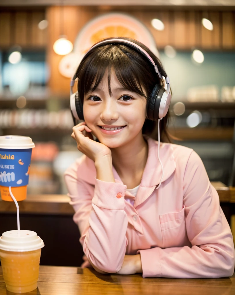  Looking straight ahead and smiling, Ultra HD、128ｋ、Masterpiece、Cute little kindergarten girl studying in a coffee shop while listening to music on headphones、orange juice, clavicle, RAW Photo、Big-eyed girl in pink with white collar、Hands on headphones, Warm lighting、Beautiful night view、Japanese anime style, Smile