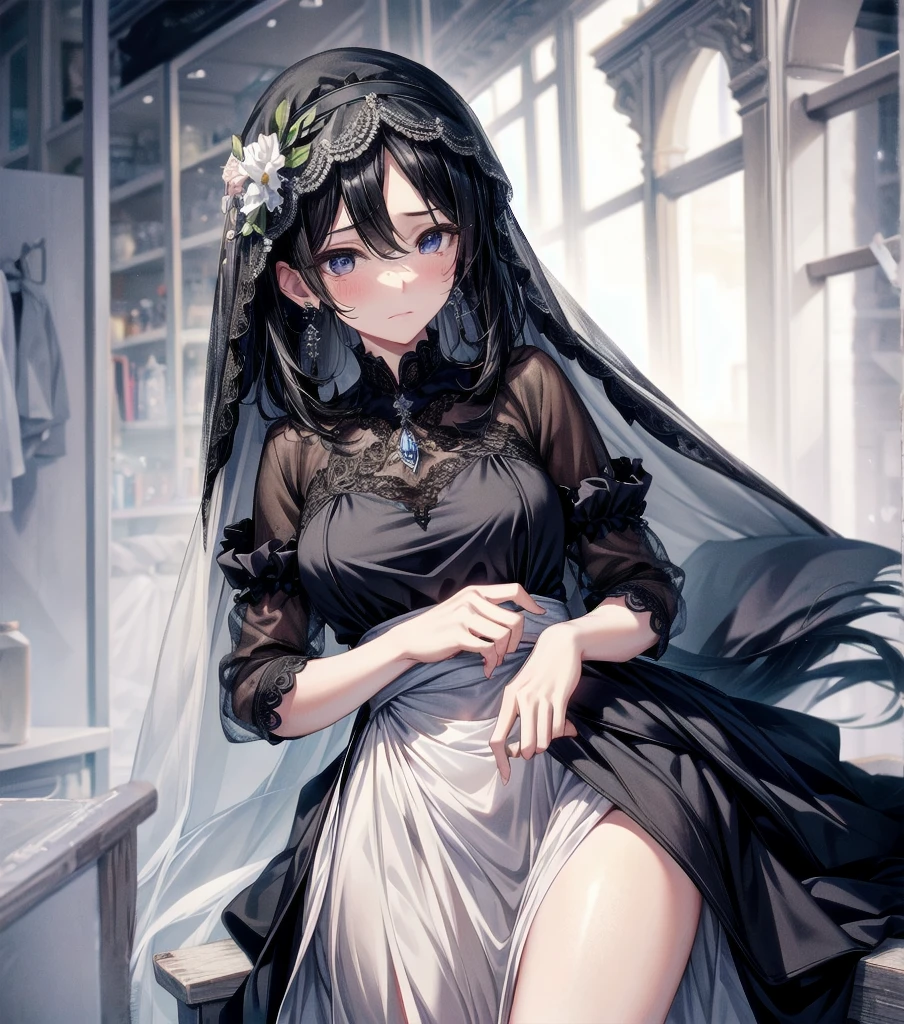full body, photorealistic, delicate facial features, medium tits, medium hair, black hair, tearful mole, earring, dress, face veil,