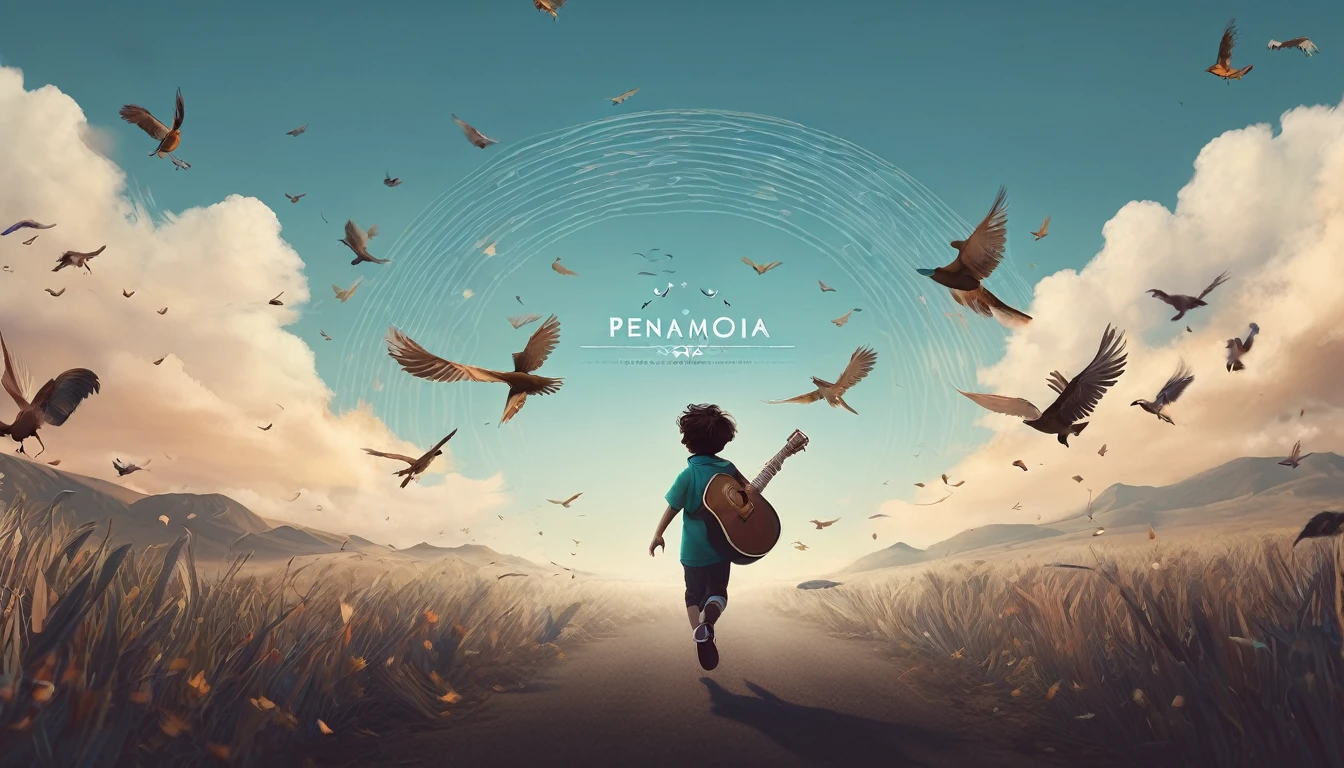 Create a professional, fantastic, cinematic Youtube Banner for a brand about music and stories called " Penamemoria". Masterpiece, 4k, sharp focus, highest quality,wide shot. The title is " Penamemoria". Is a brand about the creative, unique journey of a boy into becoming a musician storyteller. In his journey he finds inspiration in a world of birds and feathers. Minimalistic, simple, poetic, dreamy logotype at the center of the image. The Background image is a world full of fantastic feathers, unique birds, light blue sky, and a boy running happily into the horizon with an acoustic guitar in his right hand. Boy running against the wind, almost simulating like he is flying
