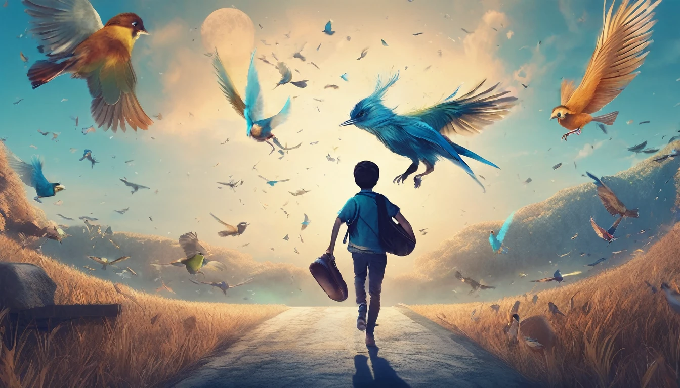 Create a professional, fantastic, cinematic Youtube Banner for a brand about music and stories called " Penamemoria". Masterpiece, 4k, sharp focus, highest quality,wide shot. The title is " Penamemoria". Is a brand about the creative, unique journey of a boy into becoming a musician storyteller. In his journey he finds inspiration in a world of birds and feathers. Minimalistic, simple, poetic, dreamy logotype at the center of the image. The Background image is a world full of fantastic feathers, unique birds, light blue sky, and a boy running happily into the horizon with an acoustic guitar in his right hand. Boy running against the wind, almost simulating like he is flying