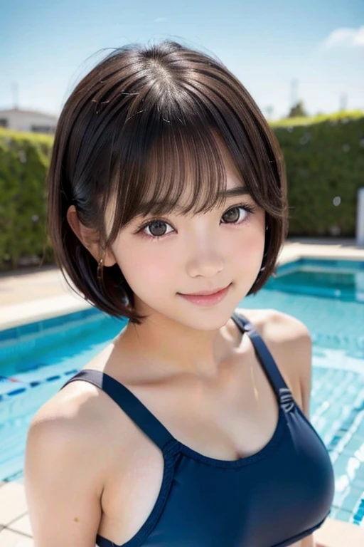 one girl, (a beauty girl, delicate girl:1.3), (:1.3),((School Swimsuit)) (紺色のSchool Swimsuit:1.3),((Cute pose)) ,Very detailedな明瞭さ, (Symmetrical eyes:1.3), (School swimming pool, indoor:1.3), Small breasts, Brown eyes, ((very beautiful short black hair)),((Pixie Cut))、 Brown Hair, girl,, (Eye and facial details:1.0),, (masterpiece, highest quality, Very detailed, Detailed face, 8k)