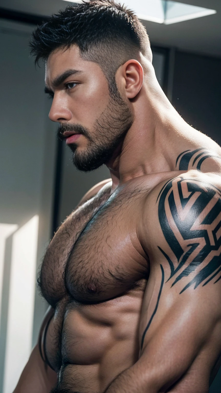 Medium shot!Looking up from the side, looking into the distance a close up of a man with a ball in his hand, muscular character, muscular body tattooed, extremely detailed man, strong and imposing, muscular characters, muscular!! Sci-fi, vascularity, inspired by Ryan Barger, intricate upper body, intricate detail realism hdr, extreme detailed face and body, exaggerated muscle physique, muscular bodies High detail 8K)! ((Realistically)), ! 186 cm! 70 kilograms! Popular clips! ( High-detail 8k ((realistically)), Exposed chest muscle and chest hair!, best quality, bright lighting, focus, theater! 35 years old, hairy breasts, thick hair Adam Dario Kier screenshot, Reddit, photo realism, gray hair!real photos!Thick moustache!(Chest hair:1.5)Real photos!