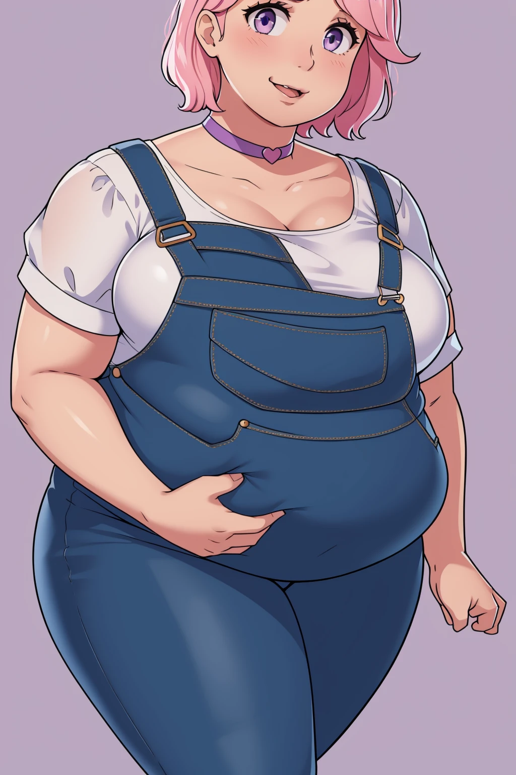 (Looking at viewer:1.2), (black pupils)Mouth open, parted lip s, mouth wide open, sticking out tongue, exposed belly, slutt (Pale skin:1.0)Up close, Holding belly, hands on belly, outgro wn clothes,Pale skin,fat, farm backround, upper body, lookin g at viewer, 1girl, solo, short pink hair, (dark blue choker), (d ark blue denim overalls), (purple eyes), (pink boots), (white s houlder lantern sleeve blouse, tucked in pants, Round face, d ouble chin, fat chin, fat cheeks, fat neck, round face, SSBB W, flabby arms, round face, double chin, fat double chin, big double chin, fat neck, chubby cheeks, fat thighs, fat calves, morbidly obese, flabby, giant, large belly, obese, fat face, b elly, double chin, obesity, flabby breasts, fat arms and legs, f at everything,