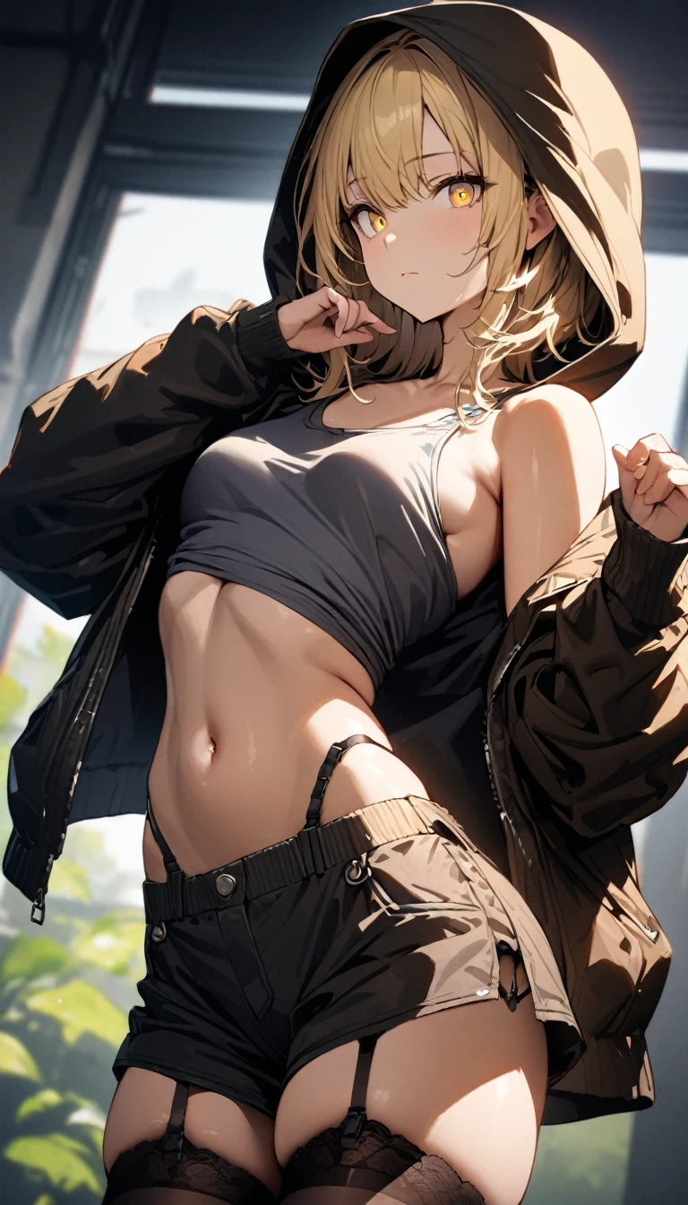 a handsome girl, solo, blond hair, yellow eyes, bright eyes, bangs, ”hood jacket”, tank top, [navel], off shoulder, bare shoulders, open jacket, shorts, black tights, garter straps, expressionless, blurry background, perfect lighting, perfect angle, best pose, masterpiece, best quality, extremely detailed face, extremely detailed,
