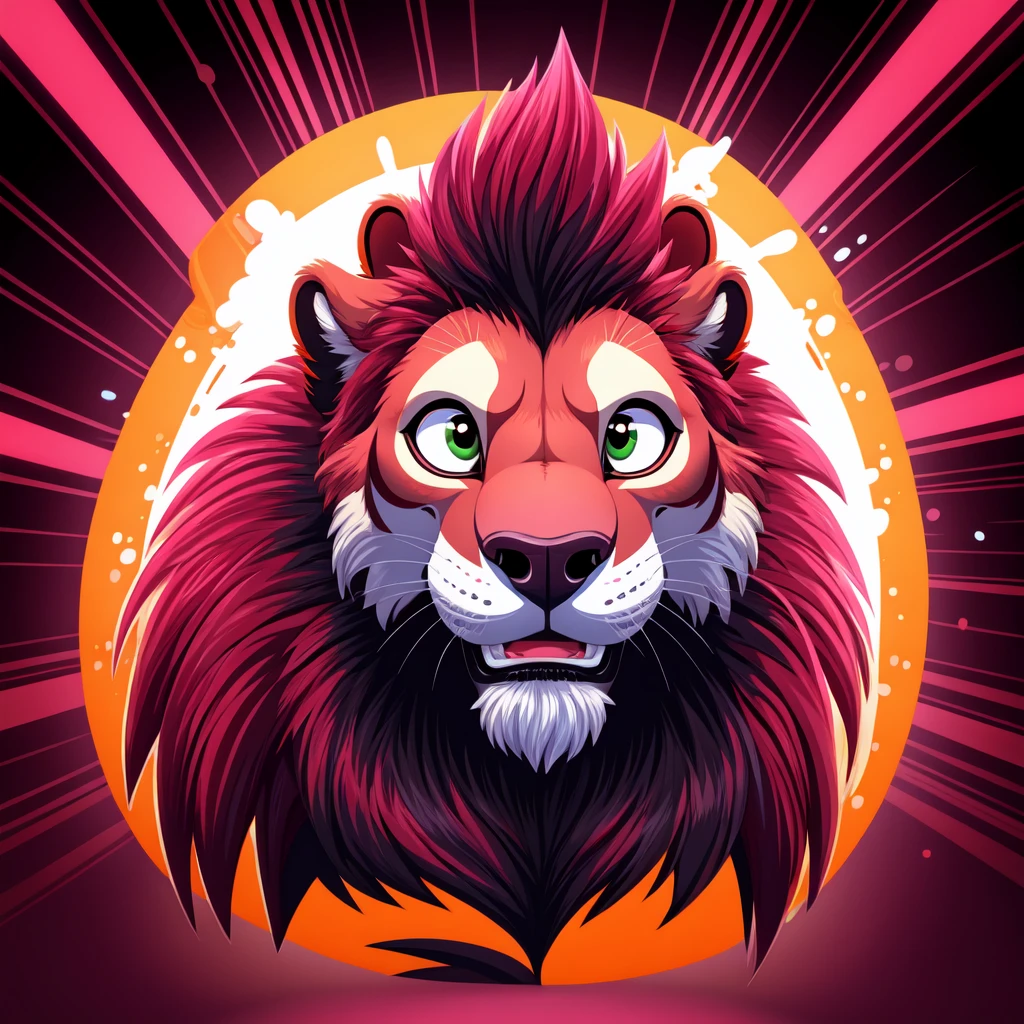 a design [lion] roarrr face, [soft neon light], sticker art, vector art, with splash red blods, hight quality dark backgroud 