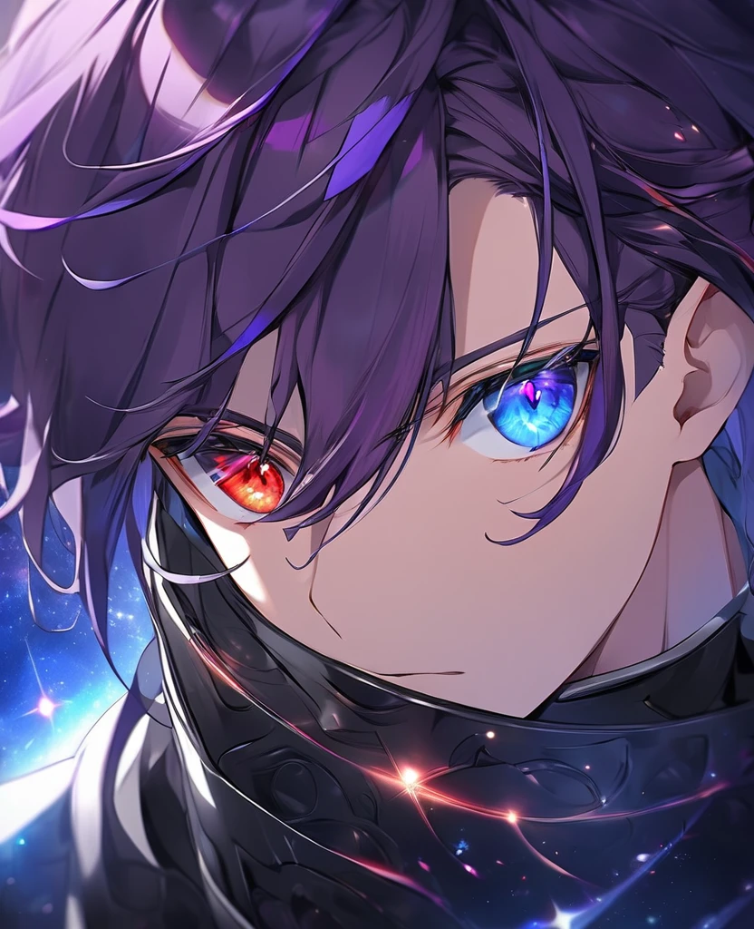 He is know as the Aeon of conflicts (dark_purple_hair), (Red_eyes), (color_Vilolet_pupils), (Detailed_eyes), (Attractive), (close_up_angle), (background_Galaxy), (He_faces_forward), (red_and_blue_eye_heterochromia),
