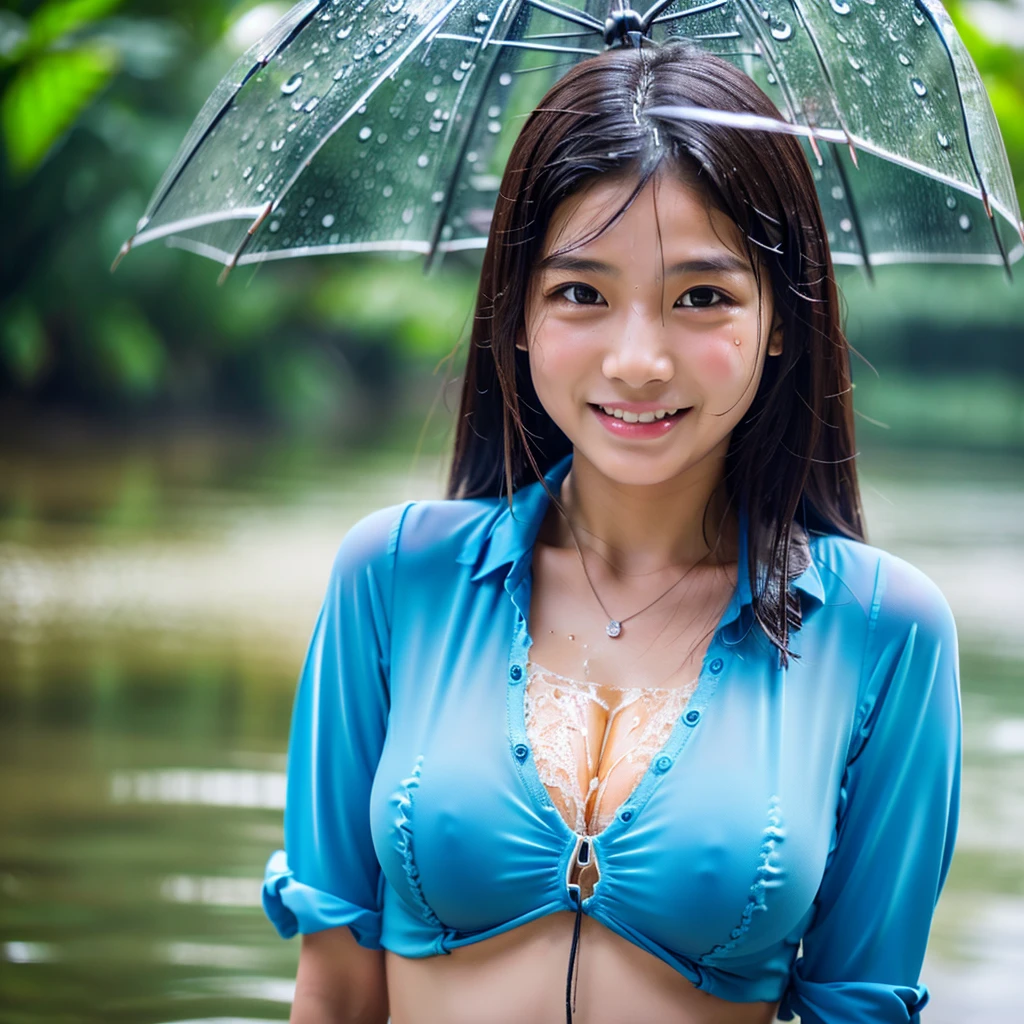 songkran,Wet city road ,drenched, Dripping, Wet Face,Wet clothes, Wet Skin, Wet Hair,A young woman with a cute face like an idol,((Cleavage)),(((A blouse that melts when wet and reveals your skin))),(((The rain water melts my blouse and my skin becomes visible))),RAW Photos,Genuine,Genuine,High resolution,RAW Photos,masterpiece, beautiful