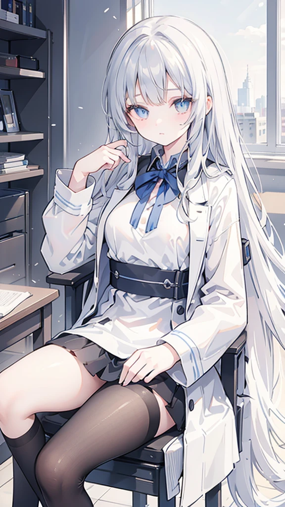 Alisa mikhailovna kujou, 1girl, Long silver hair, blue pupils, wearing a black , white coat, sitting on a chair, in class