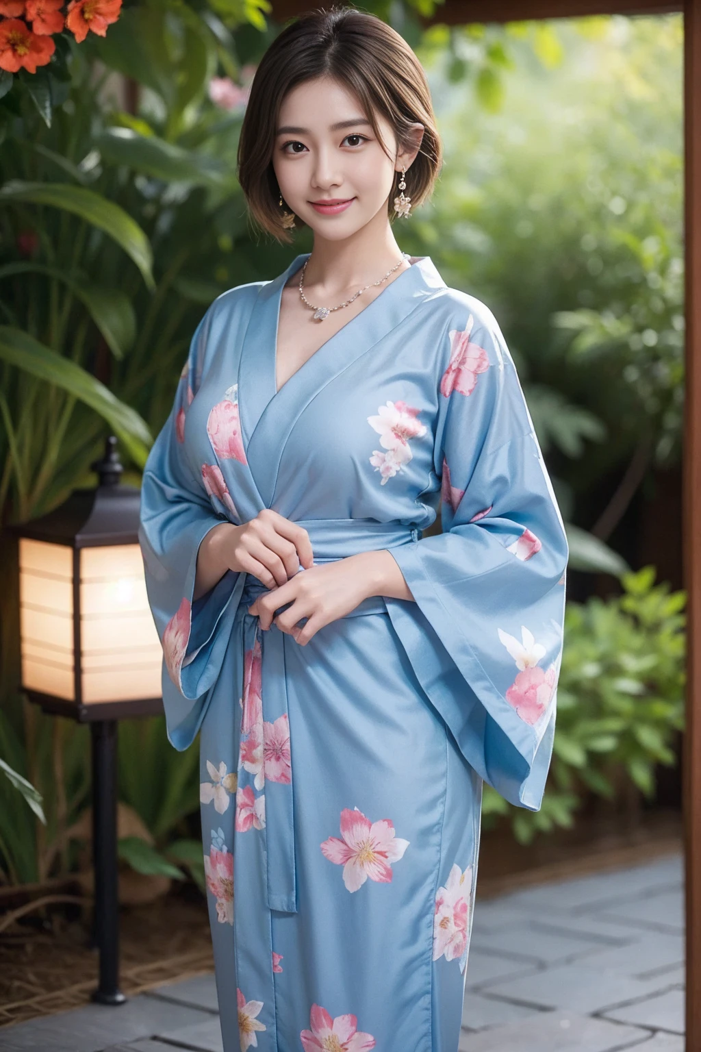 Highest quality,8K, Detailed facial depiction, Detailed description of the eyes,One Woman, Light brown hair(Short Hair),Beautiful Japanese Girl,24-years-old,Cute eyes,Cute Smile,Yukata beauty,Yukata with a dark blue floral pattern,Slender body, Large, plump breast size, Long and beautiful legs,Smiling, Colorful earrings,necklace,Are standing,Beautiful nape,Summer festival