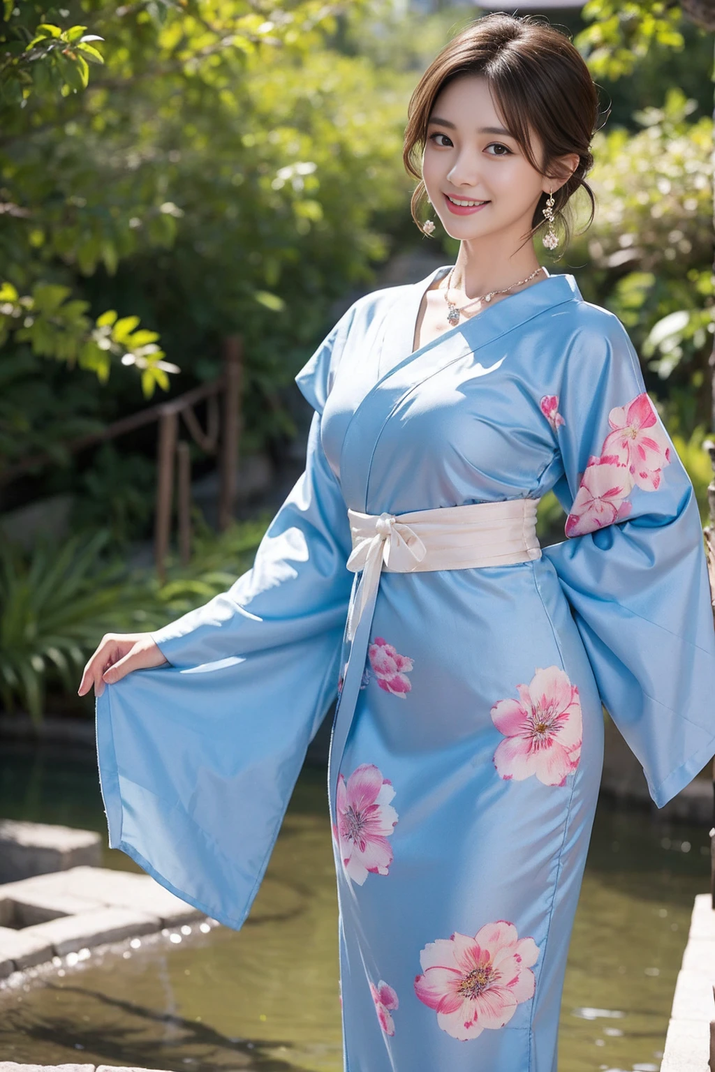 Highest quality,8K, Detailed facial depiction, Detailed description of the eyes,One Woman, Light brown hair(Short Hair),Beautiful Japanese Girl,24-years-old,Cute eyes,Cute Smile,Yukata beauty,Yukata with a dark blue floral pattern,Slender body, Large, plump breast size, Long and beautiful legs,Smiling, Colorful earrings,necklace,Are standing,Beautiful nape,Summer festival