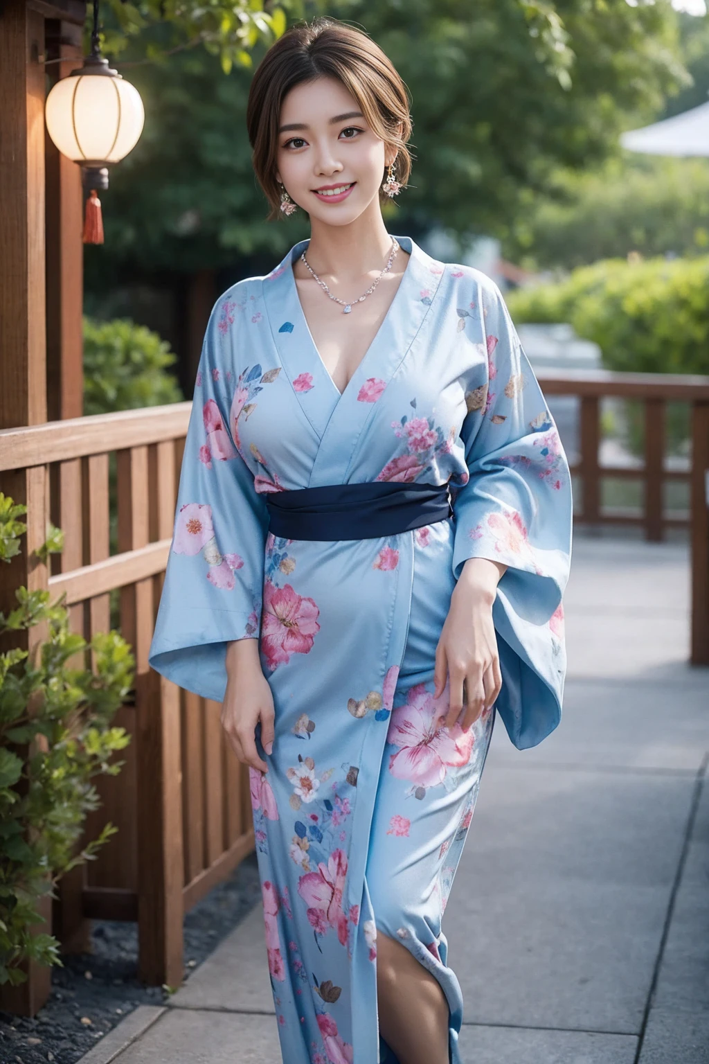 Highest quality,8K, Detailed facial depiction, Detailed description of the eyes,One Woman, Light brown hair(Short Hair),Beautiful Japanese Girl,24-years-old,Cute eyes,Cute Smile,Yukata beauty,Yukata with a dark blue floral pattern,Slender body, Large, plump breast size, Long and beautiful legs,Smiling, Colorful earrings,necklace,Are standing,Beautiful nape,Summer festival