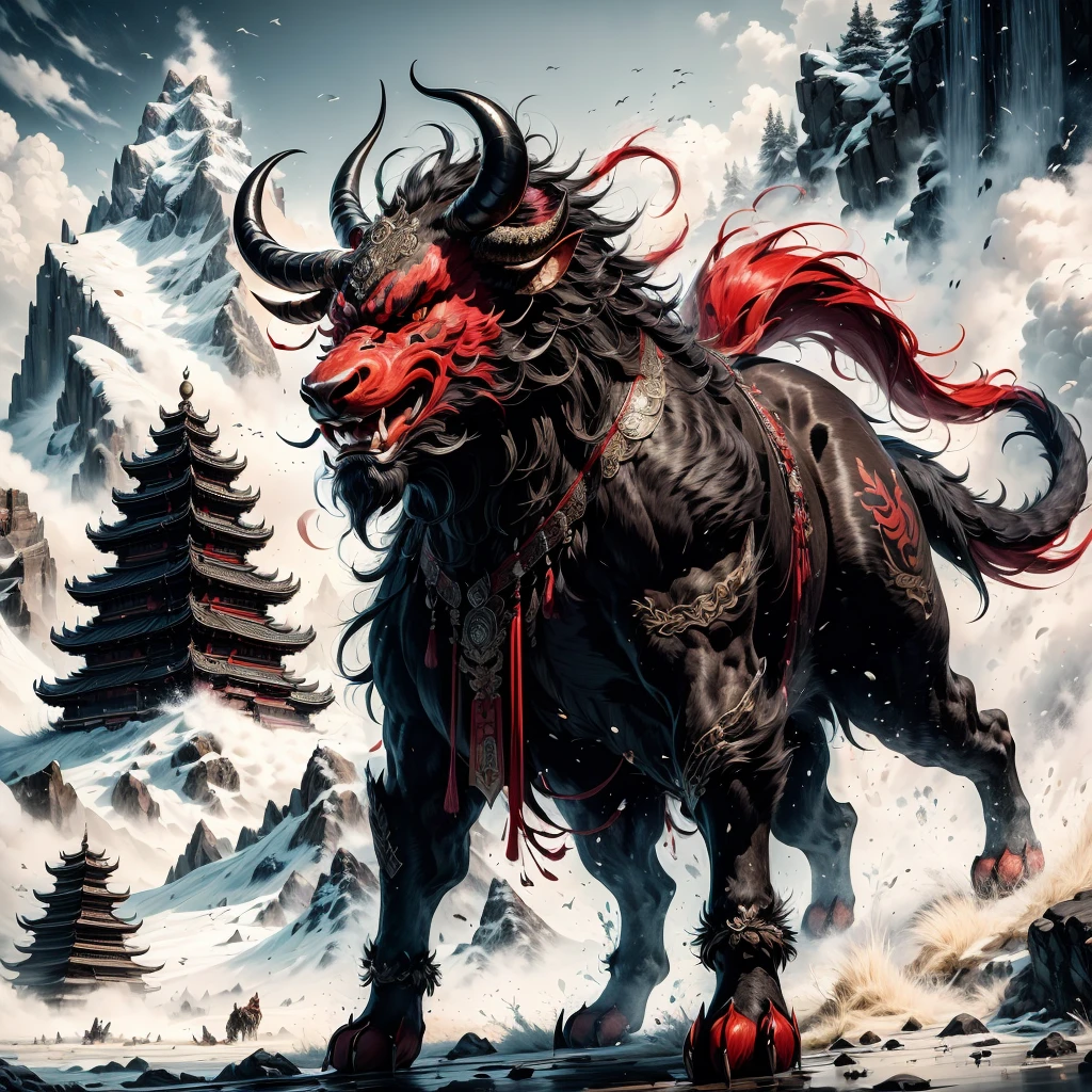 Kamada,((Masterpiece)),Best quality, ((illustration)),Original,extremelydetailedwallpaper,
((Fabulous ferocious animal)),{{anthro bull}},{{ Long horns}},(Red and black color),(Four feet:1.5)，(Solo),Mountain,Big and strong,The demons,tyrannical,No Man