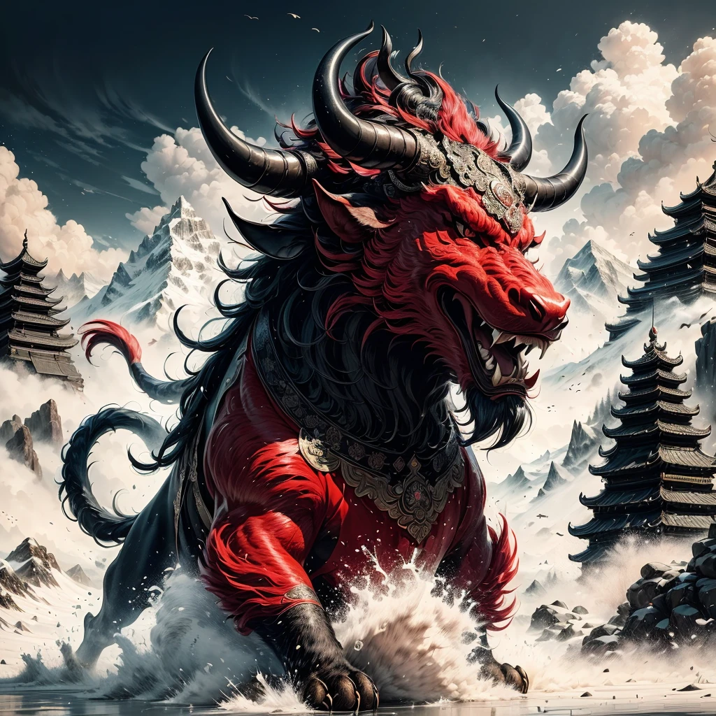 Kamada,((Masterpiece)),Best quality, ((illustration)),Original,extremelydetailedwallpaper,
((Fabulous ferocious animal)),{{anthro bull}},{{ Long horns}},(Red and black color),(Four feet:1.5)，(Solo),Mountain,Big and strong,The demons,tyrannical,No Man