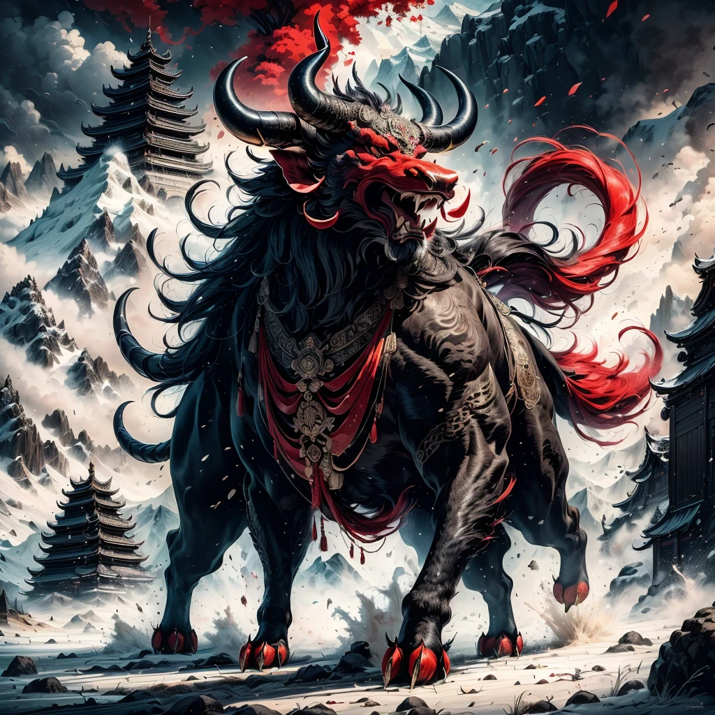 Kamada,((Masterpiece)),Best quality, ((illustration)),Original,extremelydetailedwallpaper,
((Fabulous ferocious animal)),{{anthro bull}},{{ Long horns}},(Red and black color),(Four feet:1.5)，(Solo),Mountain,Big and strong,The demons,tyrannical,No Man