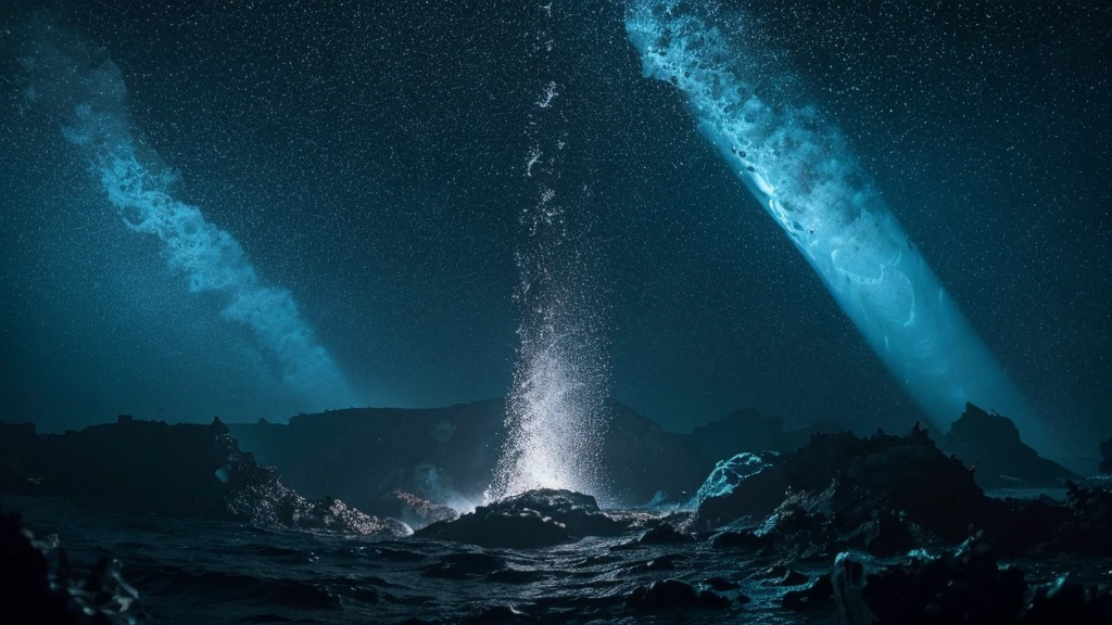 Draw the bottom of the Mariana Trench。In the dark and quiet depths of the ocean、It is home to unique and mysterious creatures and microorganisms.。Luminous deep-sea fish、A jellyfish with a transparent body、Oddly shaped shrimp and crabs、And there are swarms of microbes floating around.。The surroundings are in dark blue tones.、It creates an atmosphere of soft light.。Strange rocks and traces of deep-sea volcanoes can be seen on the ocean floor.、It makes you feel like you are part of an unknown world.。
